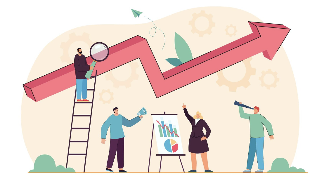 Tiny business people with growing graph of progress report. Company teamwork on performance boost, market promotion plan flat vector illustration. Success, leadership in office, achievement concept