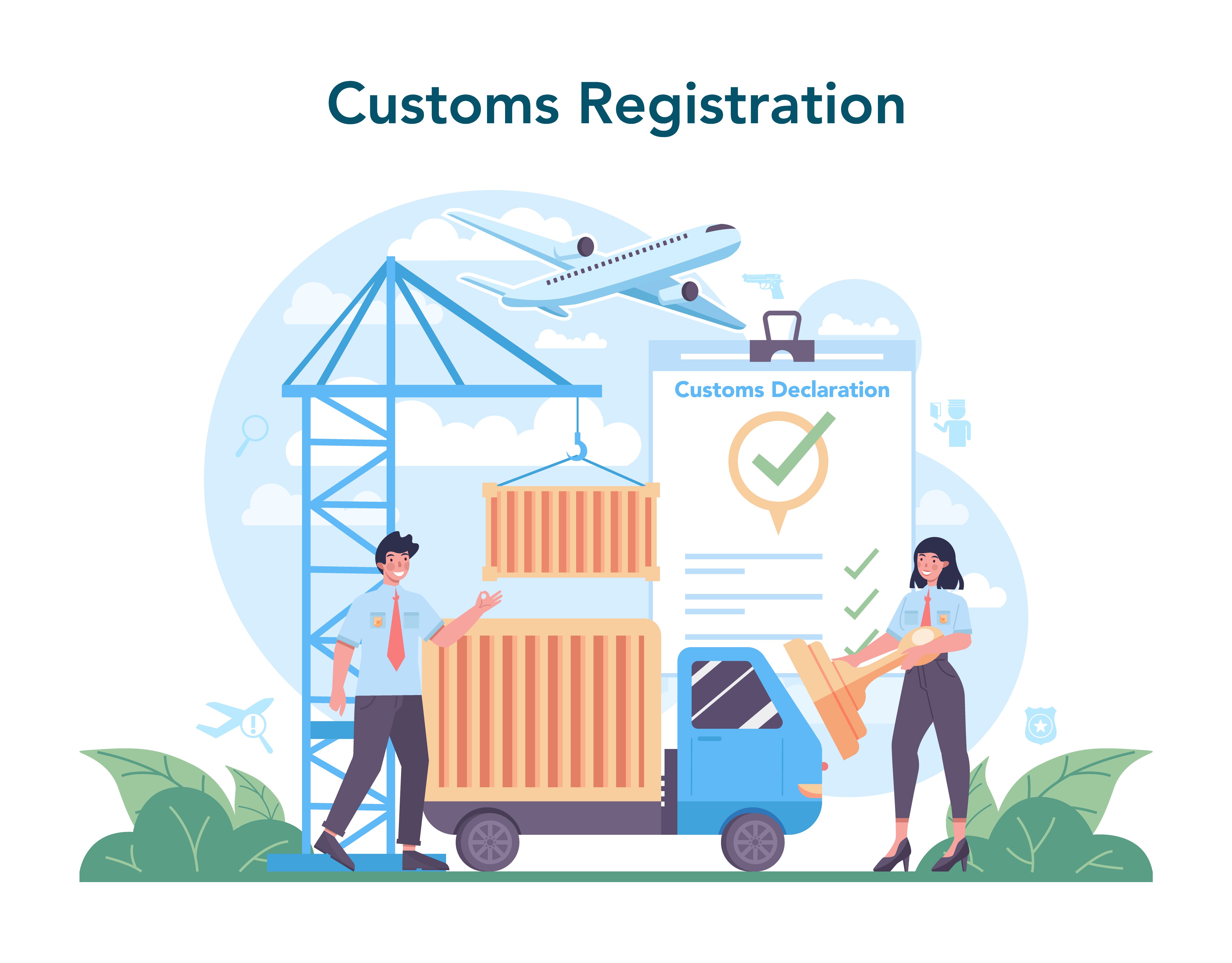 Customs officer concept. Passport control at the airport. Security checkpoint and registration in the airport. Metal detector for safety on board. Isolated flat vector illustration